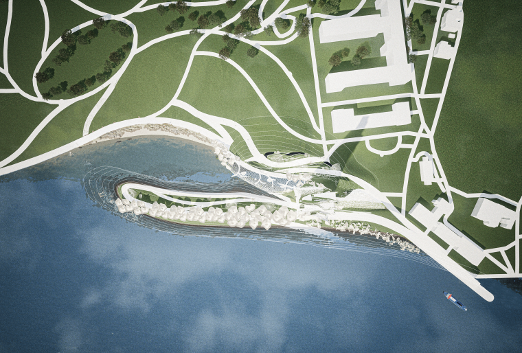 Resilience Blueprint: Masterplan showing the berm, canopies, HydroTower, conservatory, and park woven into a unified, climate‑resilient campus.