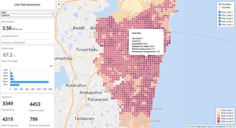 Map of city showing levels of pollution