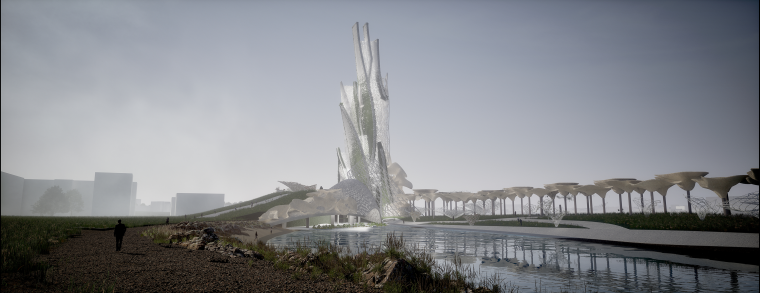 Edge of Renewal: Perspective render showcasing the orange‑peel‑fungus canopies, hydroponic tower, cellular conservatory, and shoreline defense.