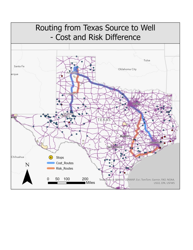Map of routing output in Texas