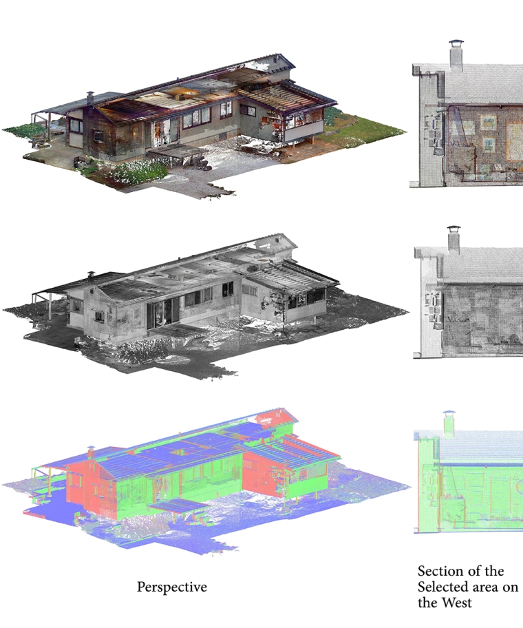 Point clouds showcasing varied colors in both perspective and section views