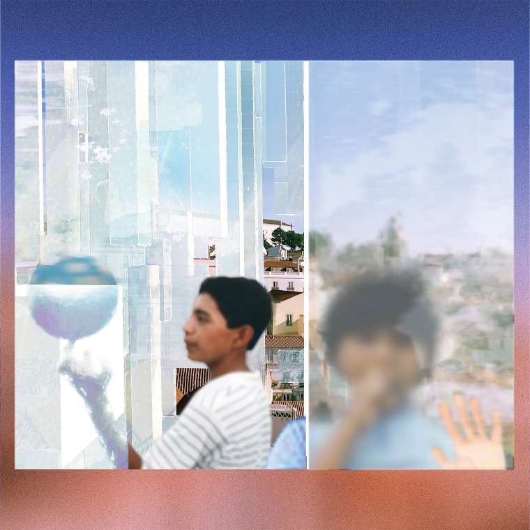 image of two boys amidst glass bricks with the lisbon cityscape behind