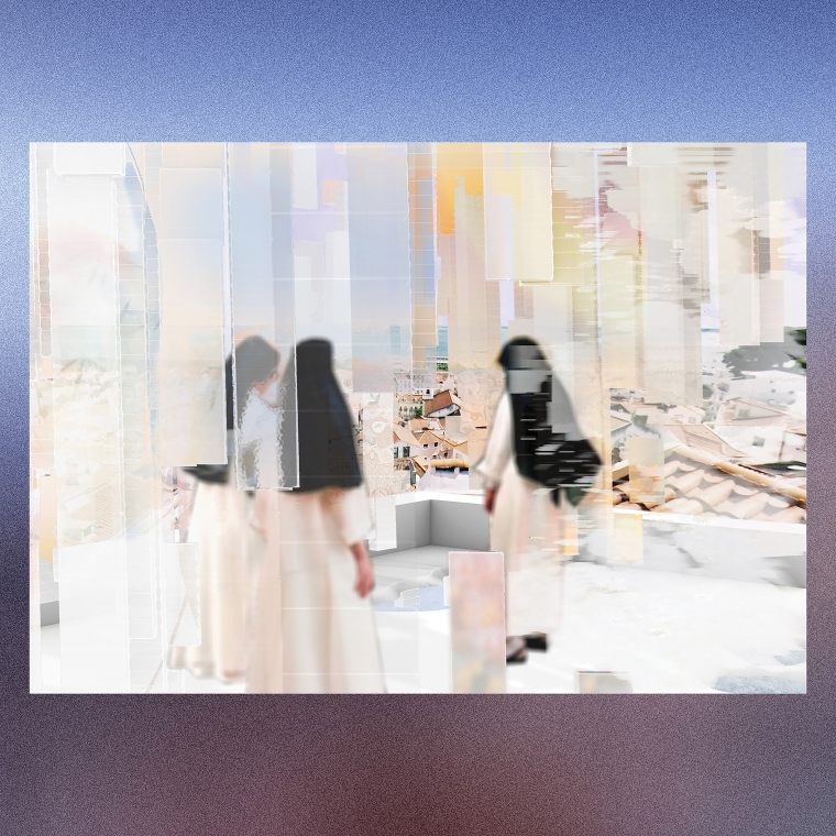 image of three nuns amidst glass bricks with the lisbon cityscape behind