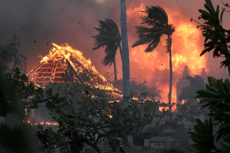 The hall of the historic Waiola Church engulfed in flames