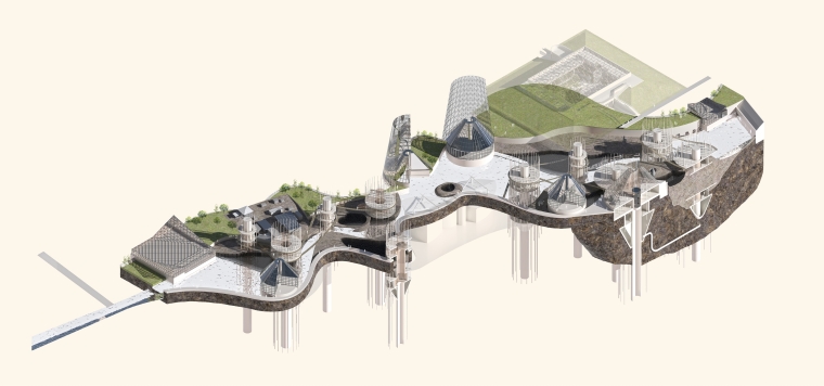 Chunk showing greenhouses built along the coastline and offshore platforms doing methane incineration, oil drilling and water purification.