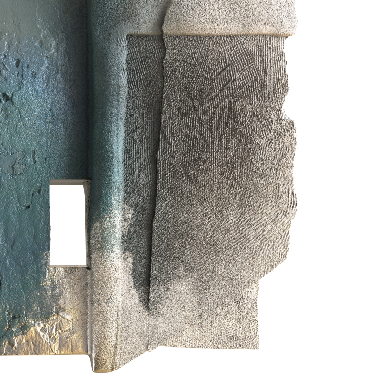 An isolated wall and window with excavating texture and blue and silver paint.