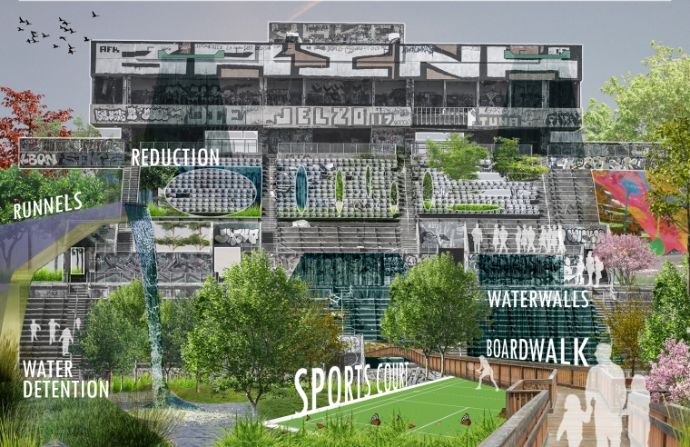 Interactive operations with the abandoned stadium stands