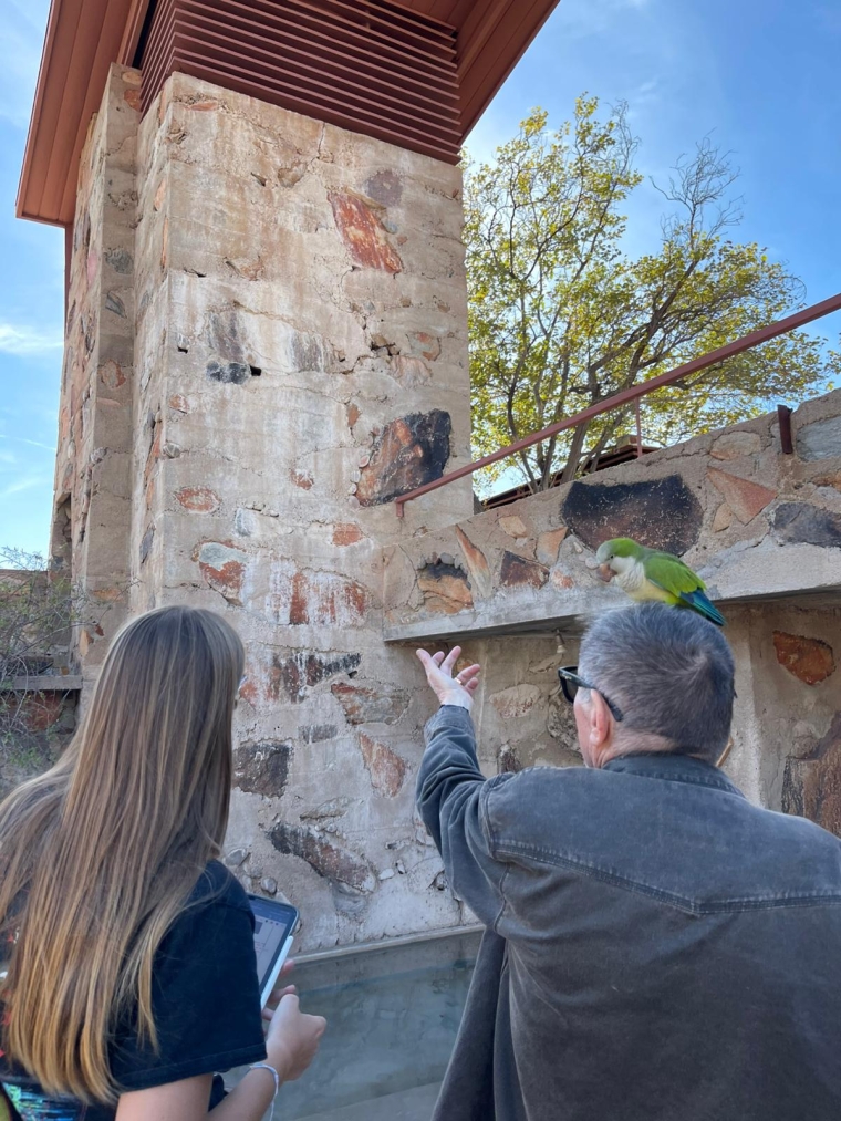 Professor Frank Matero and student investigating deterioration conditions of the Taliesin West water tower.