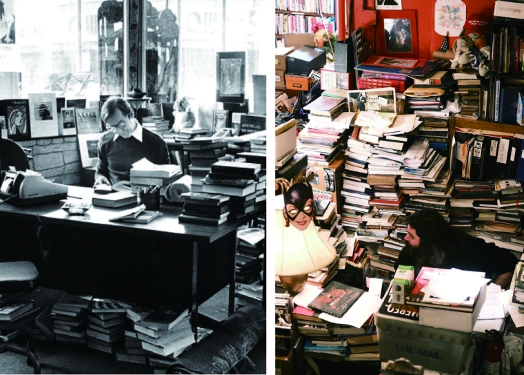 The Book Trader’s counter, past and present. Left: Peter Hiller at the original South Street location. Right: Staff member at 7 N 2nd Street location.