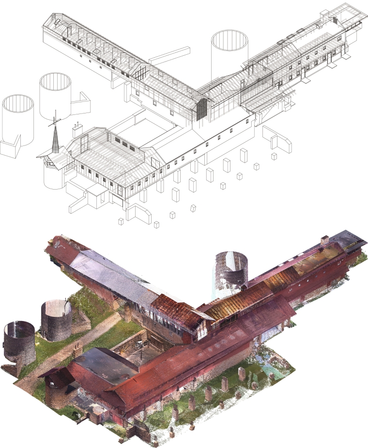 Looking Northwest towards the SketchUp model (top) and the point cloud representation (bottom) of the Midway Barn.