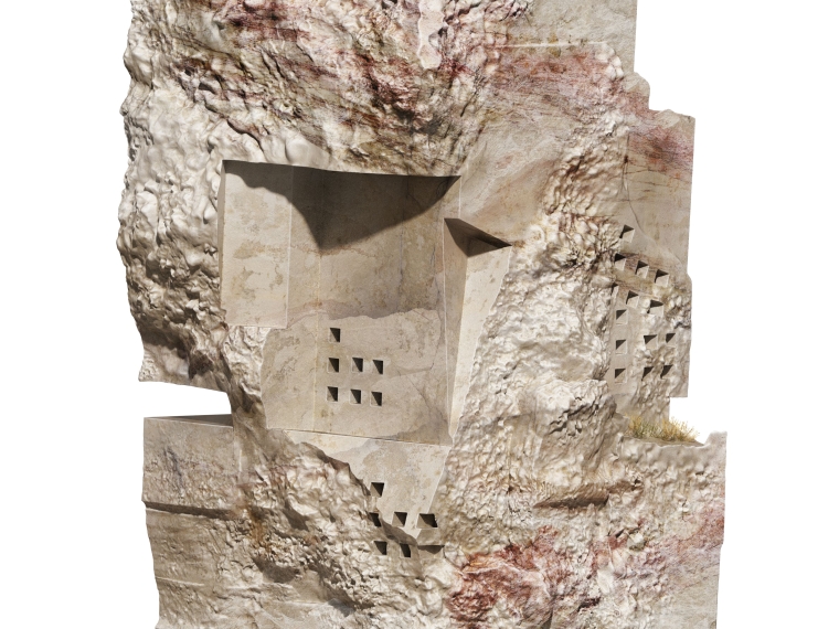 Sculptural techniques of shearing, cutting and slicing on a quarry.