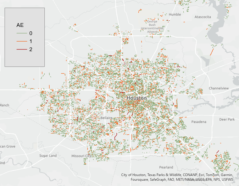 Map of Houston with many areas highlighted