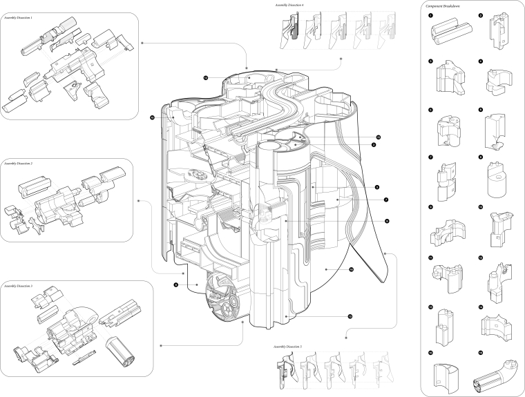 Exploded axonometric drawing showing the disassembly and component breakdown of an architectural structure, with labeled parts and sectional layers.
