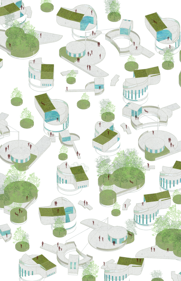 Future water-based community with floating residential units and public spaces.