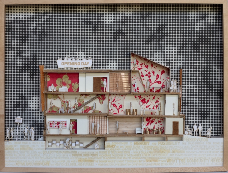 Framed physical sectional model of the Tanner House, visualizing how lived experience, memory, and architectural fabric intertwine. This model served as a design tool to explore community-led preservation strategies.