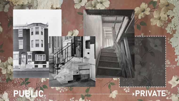 Collage of remaining character-defining elements—bay window, stoop, staircase assembly, and wallpaper—mapping the transition from public to private spaces within the Tanner House.