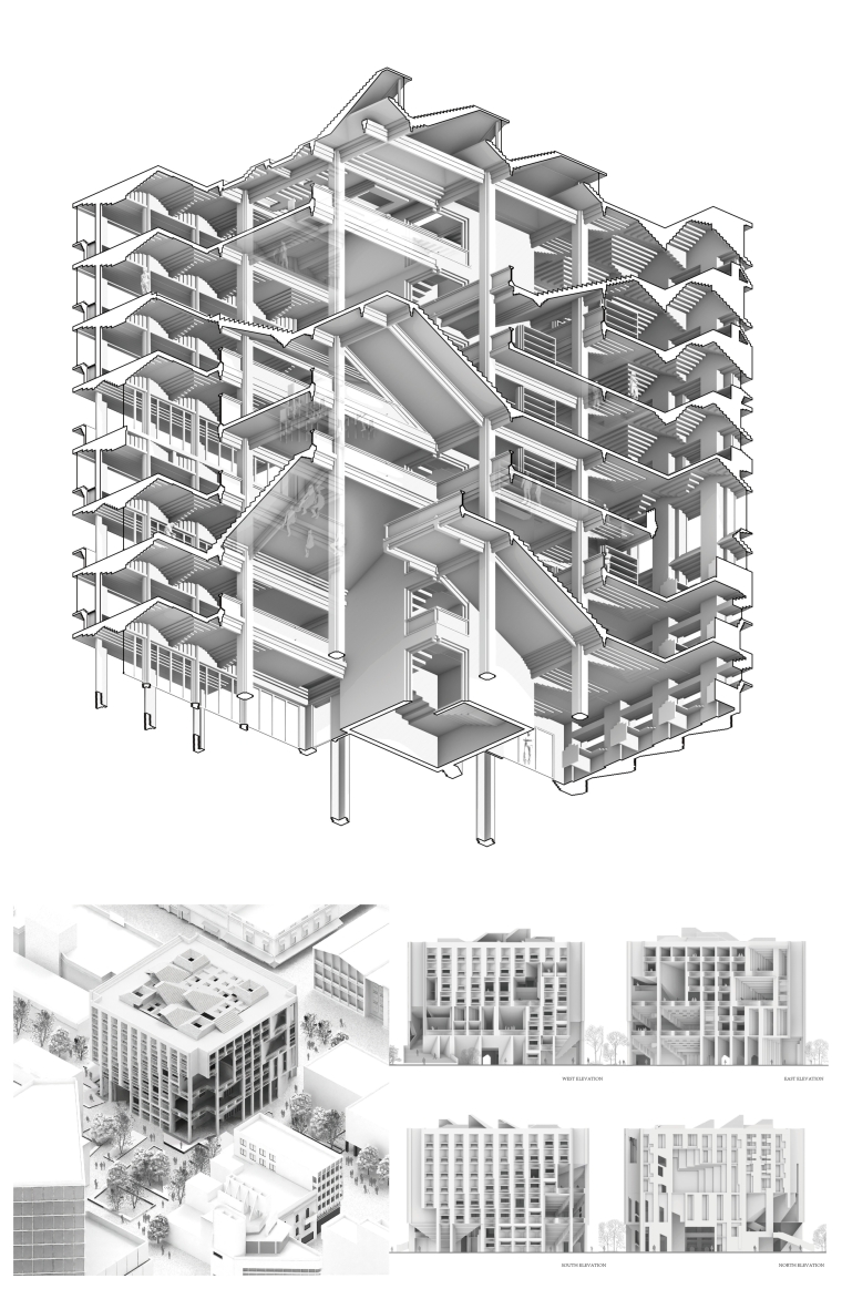 The design language of cascading sunlight extends from the façade to the interior