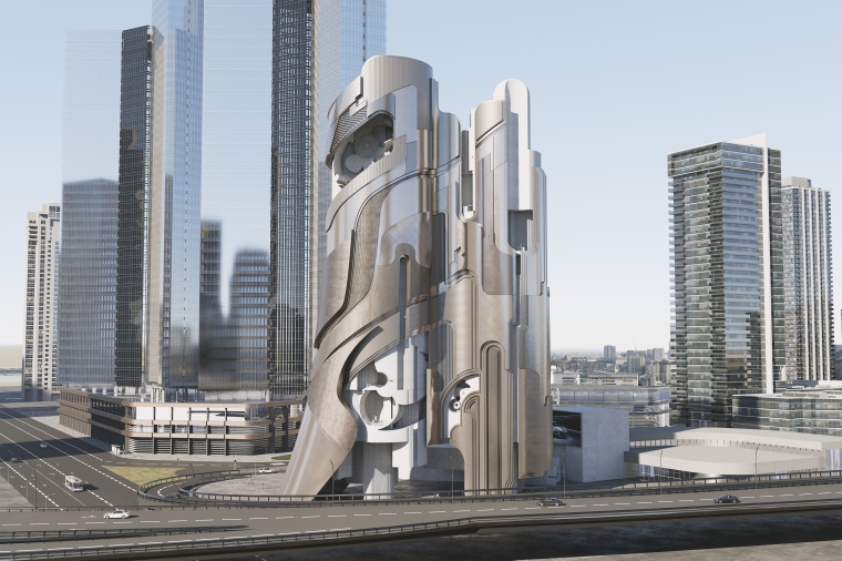 Exterior rendering of a sculptural high-rise building with curved metal and concrete surfaces, set within a modern city skyline.