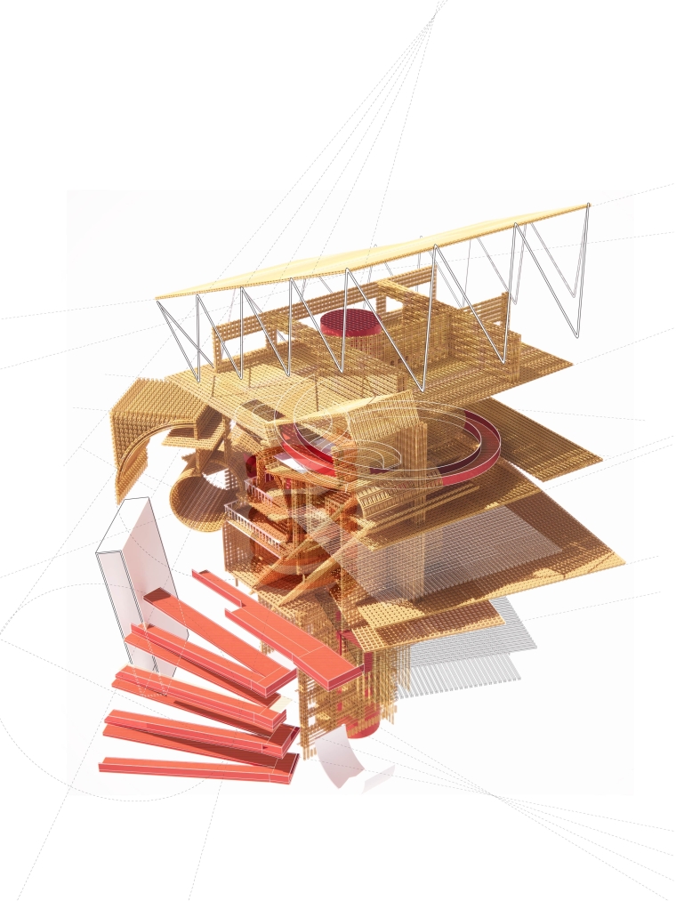 This project, we use bamboo scalfolding as the main structure. And we also keep the local architecture typology features: the ramp and aperture for unconditional space.