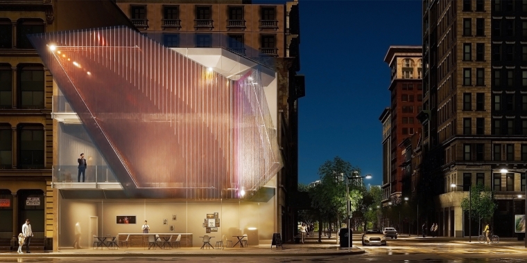 Set within a dense urban block, this nighttime rendering of Iridescent Offset showcases a faceted translucent facade that glows from within. Suspended iridescent fins and angular polycarbonate surfaces define the upper volume, creating a dynamic interplay of light, shadow, and reflection. The building’s offset geometry allows for layered public and semi-public zones, while the illuminated facade activates the street, inviting interaction and visual curiosity.
