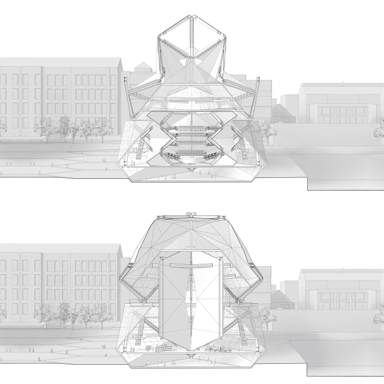 Two spatial states: above, the theater opens and concentrates attention inward, transforming into a focused space of performance. Below, when closed, it disperses activity outward — becoming a public surface that engages the city. A single form mediates between performance and urban participation.