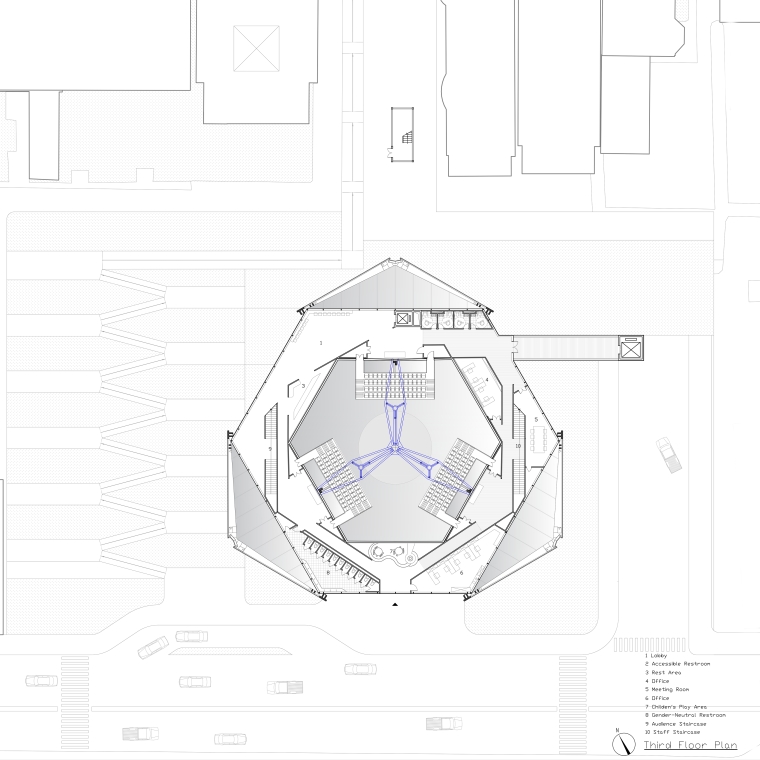 The site plan situates the theater as both anchor and threshold — embedded within East Boston’s urban fabric yet capable of transformation. Its shifting geometry organizes public circulation, creating zones of focused assembly and open gathering.