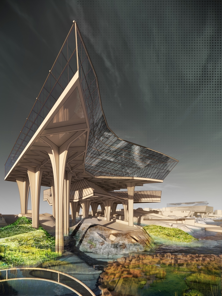 underside of building with view of coastal wetlands