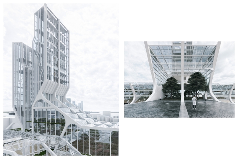 A sculpted structural facade anchors the building to the ground, with thick vertical ribs that curve into the glazed conservatory below. The entrance frames a planted courtyard, creating a dramatic threshold between city and climate infrastructure.