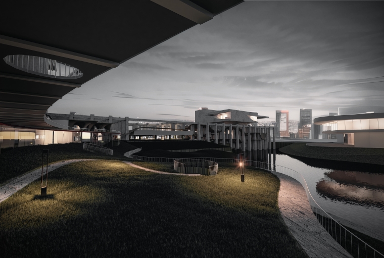 On this quiet summer night, one can stroll through this open park, with a system of columns full of artistic shapes in the distance, beautiful reflections on the lake, and the fossil research center next to it, how relaxing it is.