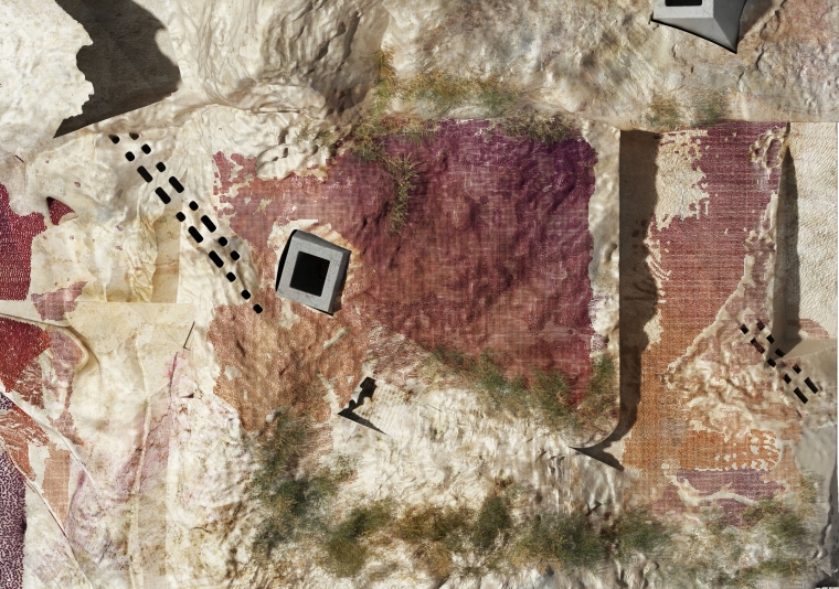 Top view of quarry site displaying a gradient of fruits (apricots and grapes) as mosaics.