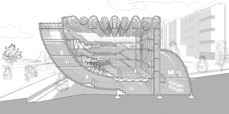 Section perspective of the theater showing how the building envelope flows seamlessly into the stage, enabled by the project’s unique geometry. A multi-level catwalk system behind the stage creates stratified but visually connected circulation paths for both performers and audience.