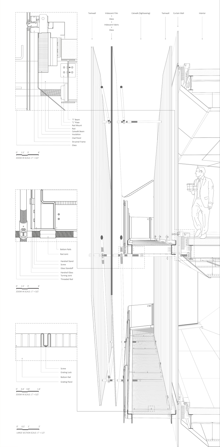 This section drawing of Iridescent Offset illustrates the layered assembly of the project’s suspended facade system. Combining twinwall polycarbonate, iridescent film and fabric, structural glass, and a cantilevered catwalk, the drawing reveals the complexity of the building envelope and its tectonic logic. Enlarged detail views highlight key connections, such as threaded rods, grating locks, and custom handrail joints, emphasizing the project’s integration of transparency, light, and structural clarity.