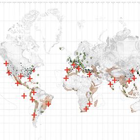 Map of the world with sites marked