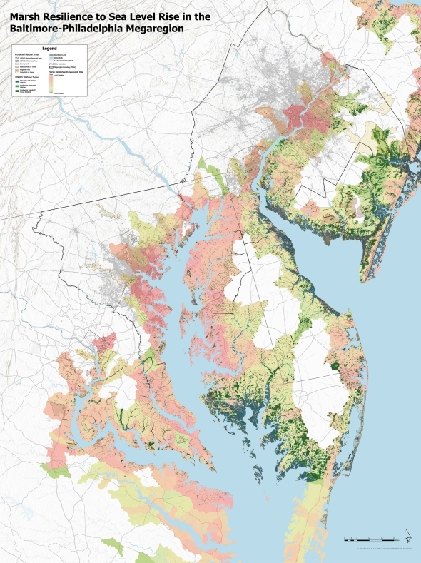 Map of Atlantic coastline between Baltimore and Philadelphia showing vulnerable areas