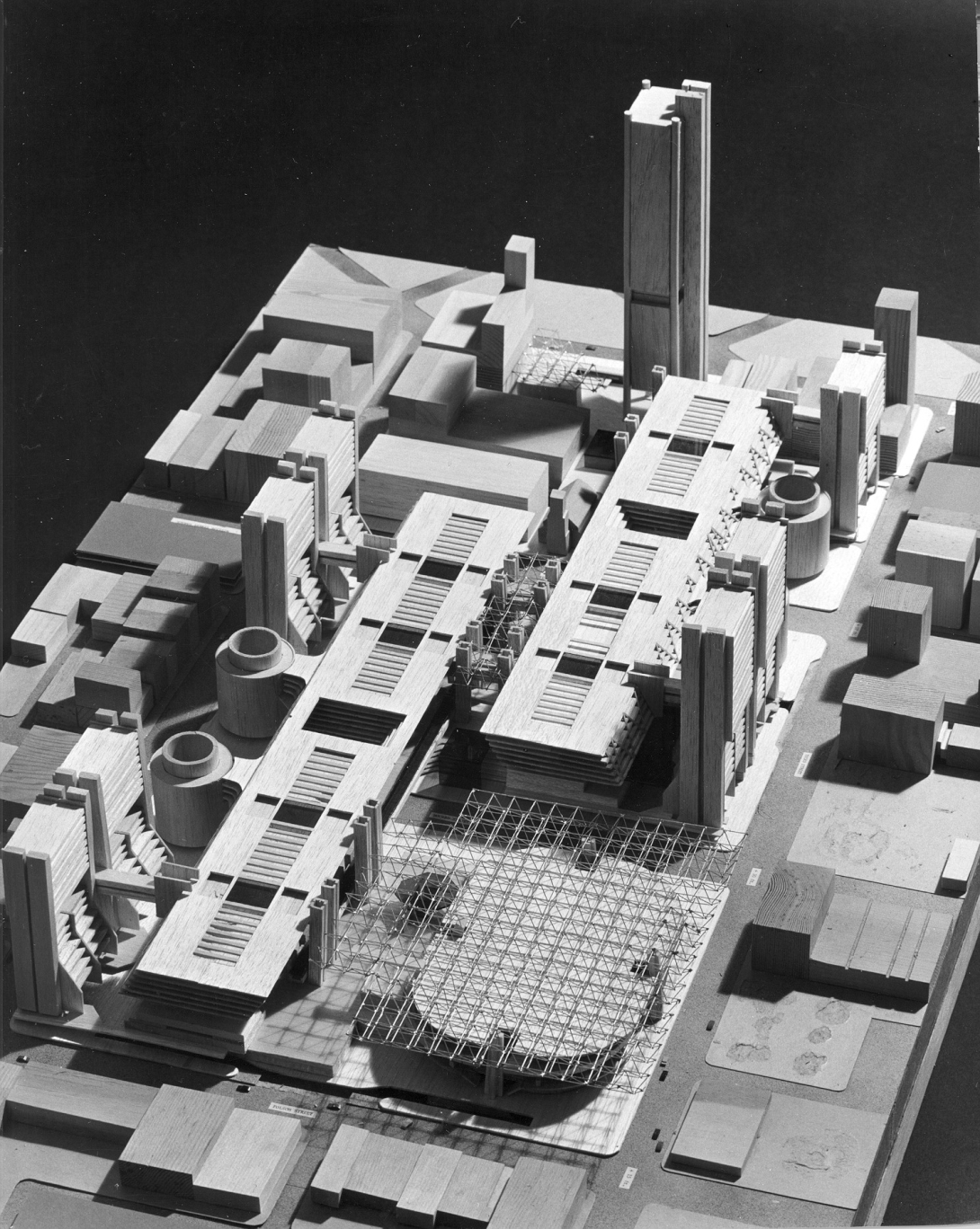 Black & white photo of an architectural model