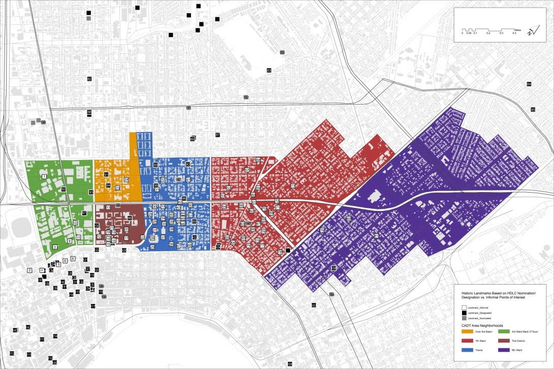 Multicolor map of New Orleans with historic landmarks distributed across 7 swaths of the city
