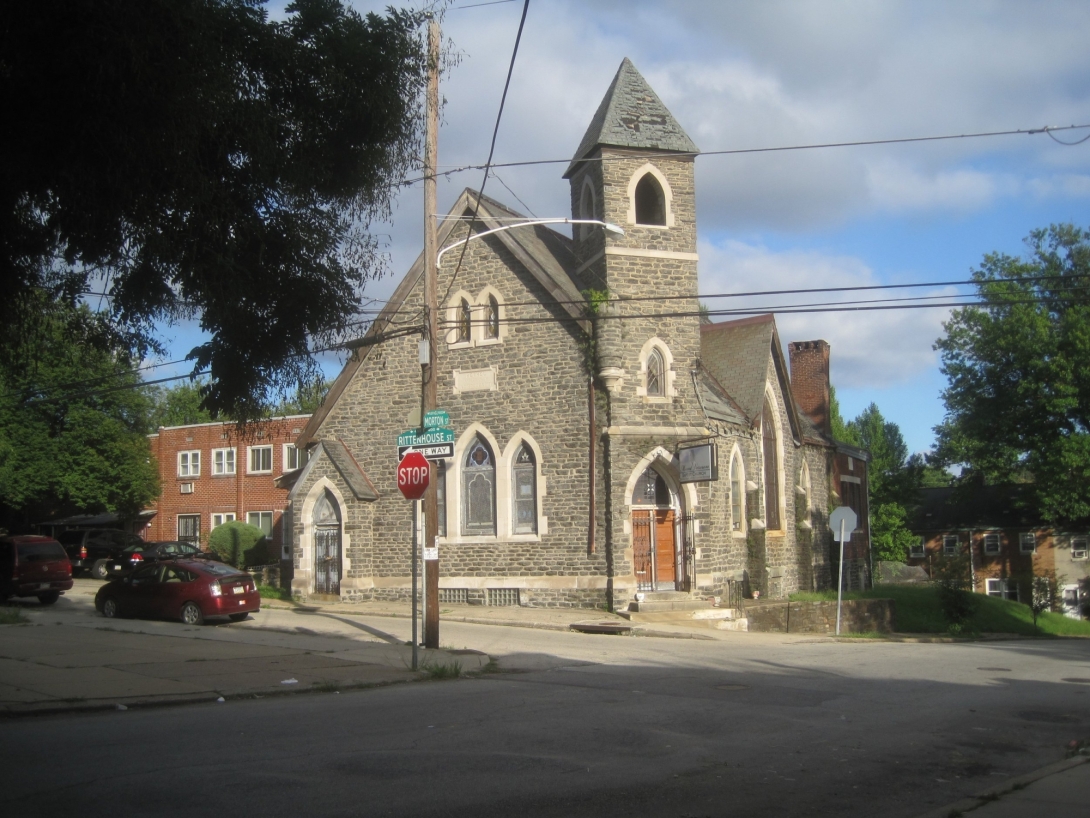 color photo historic church built from Wissahickon schist