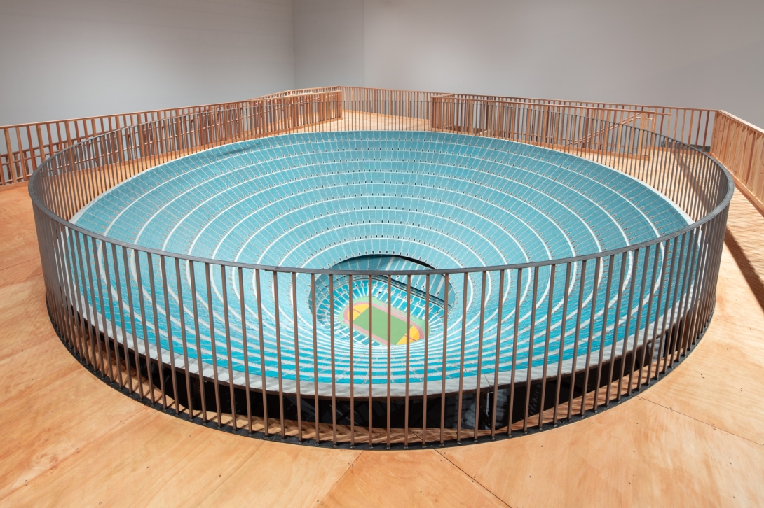 Scale model of tennis stadium installed in gallery