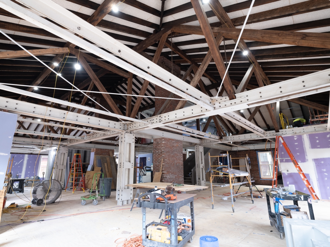 Steel beams reinforce wood structure