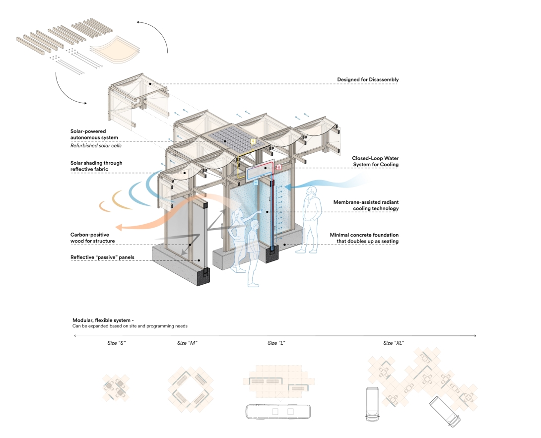 Axonometric drawing showing solar panel and modular structure of pavilion