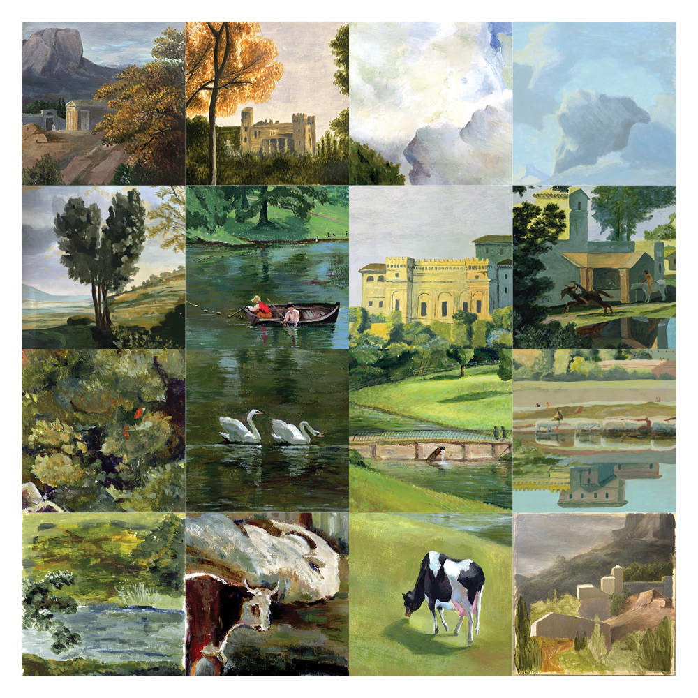 Grid of 16 pastoral scenes