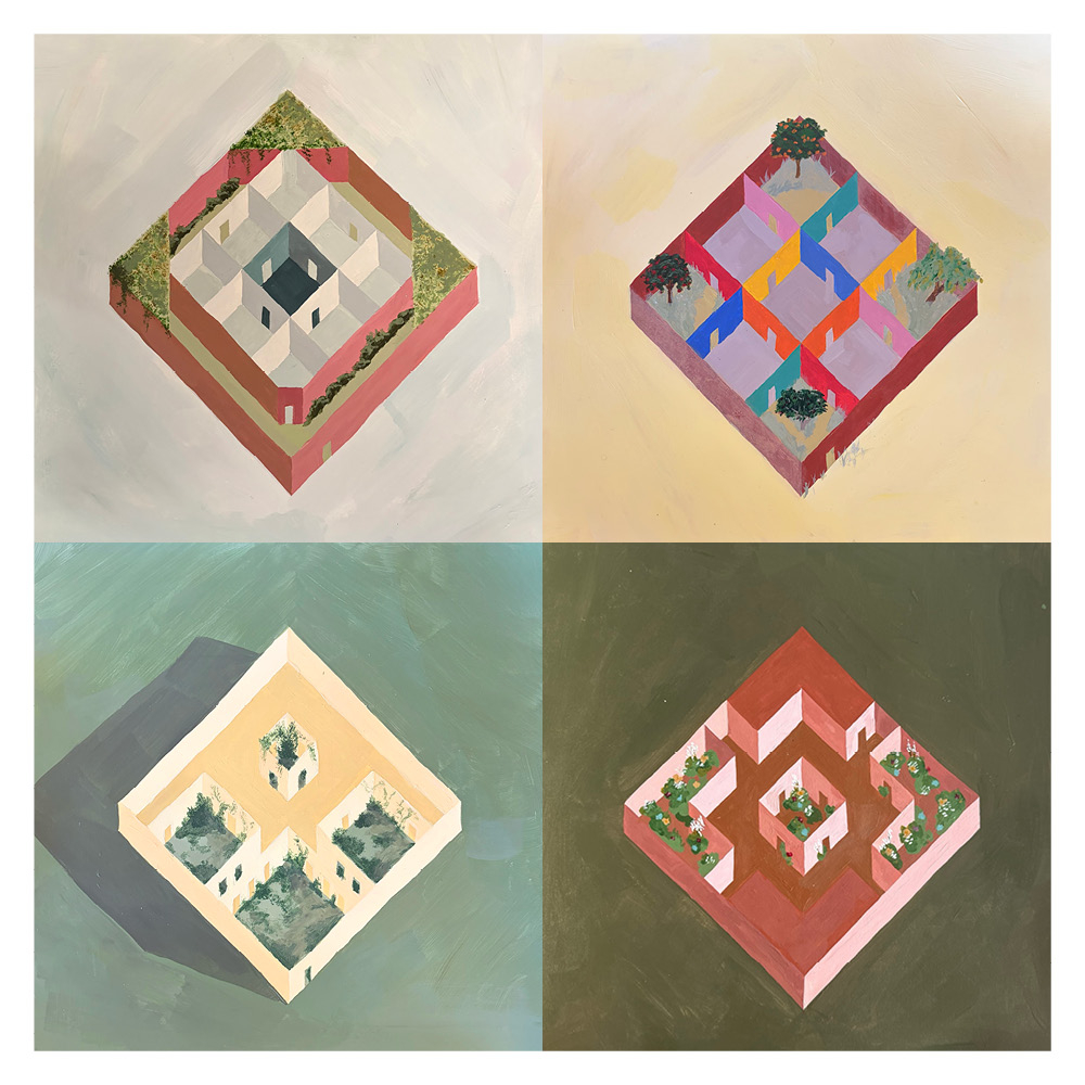 Color drawings of four walled gardens with various subdivisions