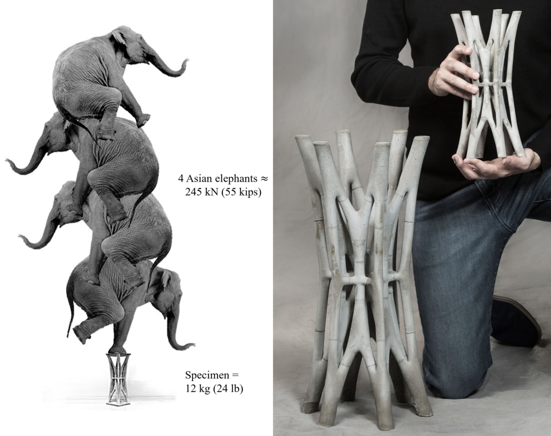A graphic using four stacked elephants to show how much weight the sample can hold