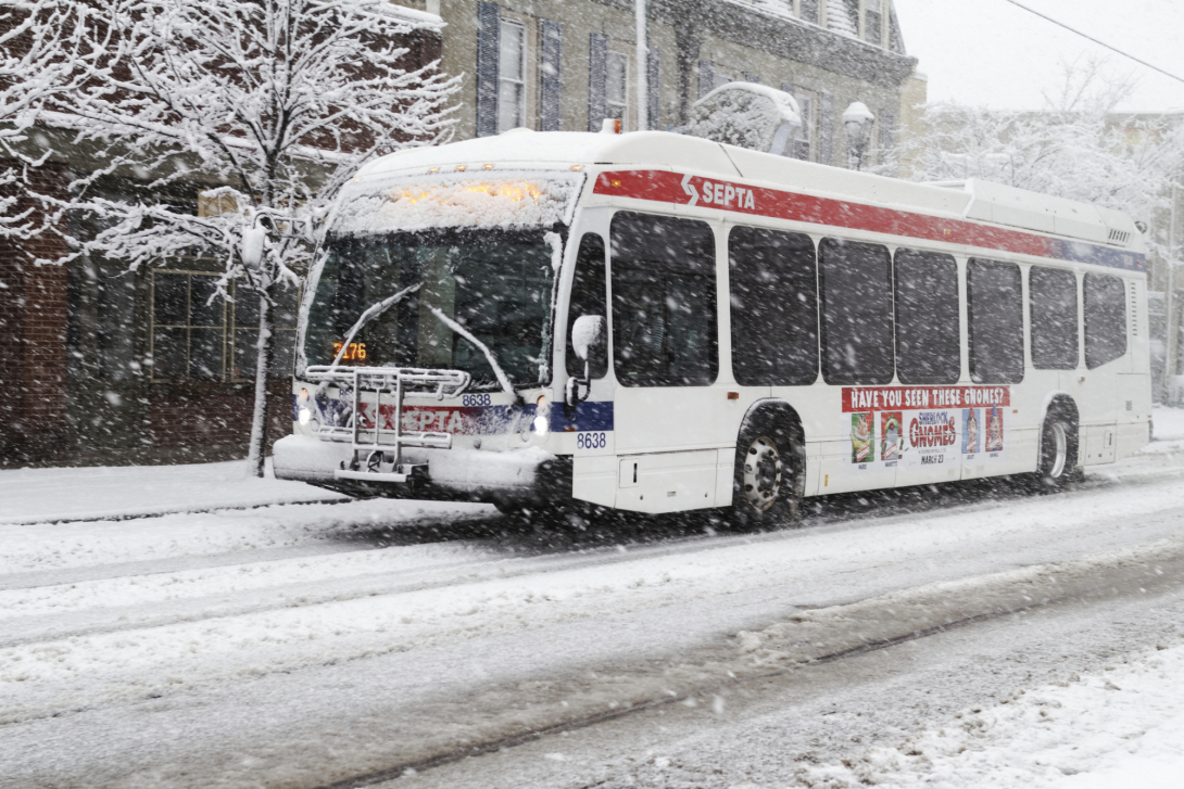 SEPTA bus on snowy urban street