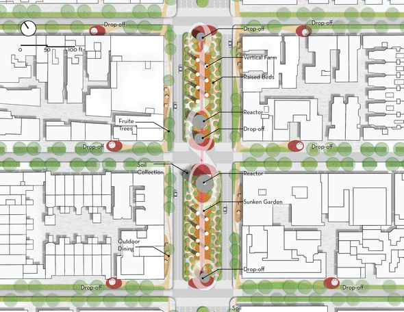Site Plan shows the on-site waste collection and treatment system, and the urban farm at the street median