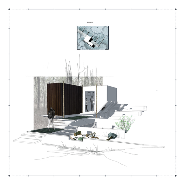 A vignette showing the Animarch which is small architecture functions as information pavilions and labs sitting on check dams.