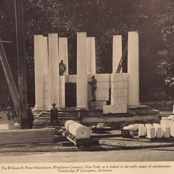 Historic photo of a marble pavilion under construction in a cemetery