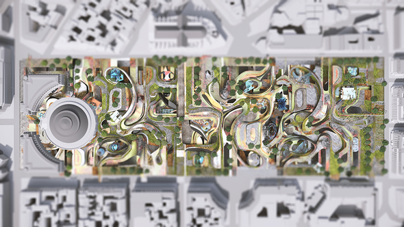 Aerial view rendering of a complex architectural development