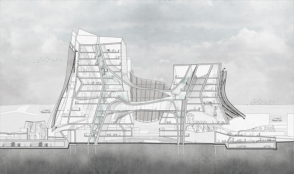 Architectural rendering showing a cross section of a futuristic tower