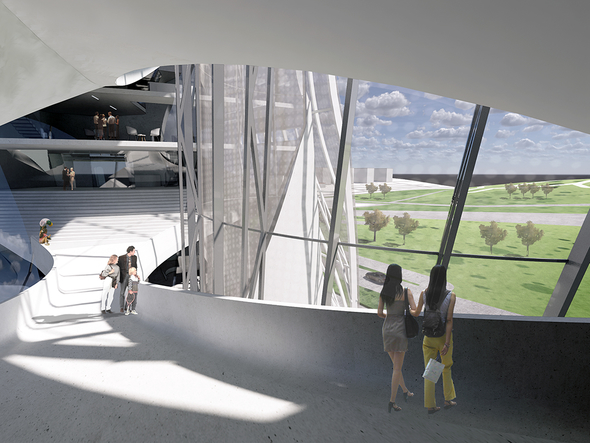 Architectural rendering of the interior of a building showing a family on a ramp